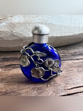 Cobalt Blue Round Glass Perfume Bottle with Silver Floral Overlay